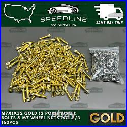 160PC M7x1.0x32 GOLD 12 Point Wheel Bolts & M7 Nuts For 2/3 Piece Wheels 160