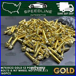 160PC M7x1.0x32 GOLD 12 Point Wheel Bolts & M7 Nuts For 2/3 Piece Wheels 160