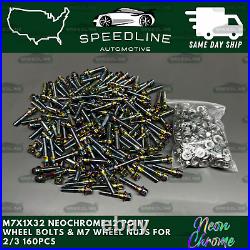 160PC M7x1.0x32 Neo Chrome 12 Point Wheel Bolts & M7 Nuts 2/3 Piece Wheels 160