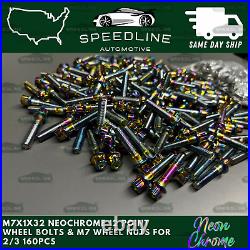 160PC M7x1.0x32 Neo Chrome 12 Point Wheel Bolts & M7 Nuts 2/3 Piece Wheels 160