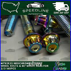 160PC M7x1.0x32 Neo Chrome 12 Point Wheel Bolts & M7 Nuts 2/3 Piece Wheels 160