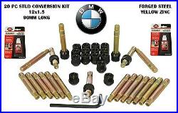 20 Pc BMW 90 MM 12x1.5 Stud Conversion With Black Lug Nuts + Thread Lockers + Key