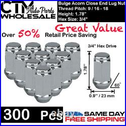 300 Pc 1.78 Tall Chrome 9/16-18 Bulge Acorn Lug Nuts Close End Wholesale Saving