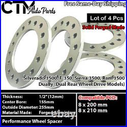 4Pcs 1/2(12mm) Thick 8x200mm Performance Wheel Spacer Fit F-350 RAM3500 DUALLY