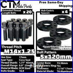 4x 17mm Thick 5x120 72.56mm CB Wheel Spacer Kit With Black Bolt 14x1.25 Fit BMW
