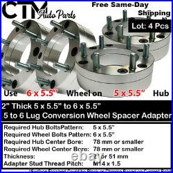 4x 2 5x5.5 to 6x5.5 78mm Bore Conversion Wheel Spacer Adapter Fit Ram1500 5Lug