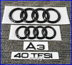 For Audi A3 Sedan Gloss Black Front Hood Rear Boot Emblems Badges Rings 40TFSI