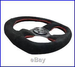 NRG 320mm RACING / SPORT STEERING WHEEL BLACK SUEDE / RED STITCH & OVAL BOTTOM
