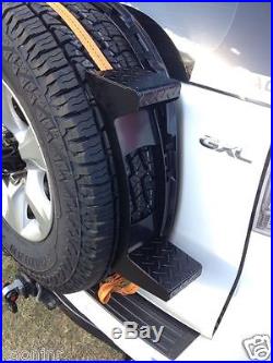 Rear door spare tyre step ladder, roof rack access, strap on spare wheel